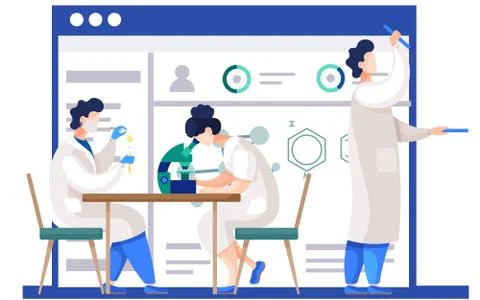 Woman looking through a microscope. Guy drips from pipette into a test tube. Man イラスト素材