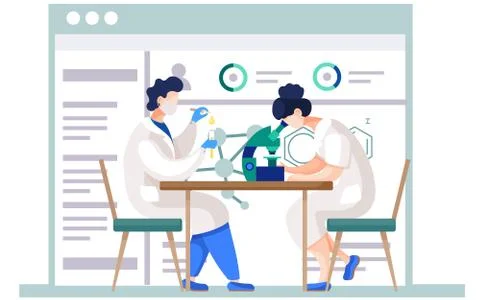 Woman looking through a microscope. Guy drips from pipette into a test tube イラスト素材