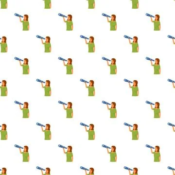 Woman looking through telescope finding vision seamless pattern Stock Illustration