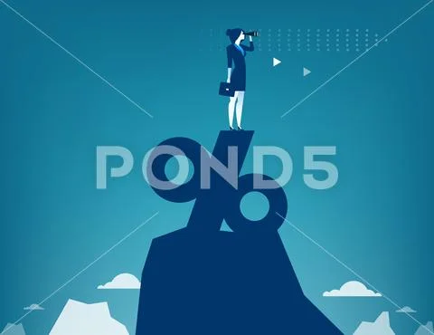 Woman looking through telescope standing on top of percentage sign Stock Illustration