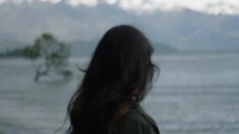 Woman looking at tree growing out of lake Stock Footage 140611368