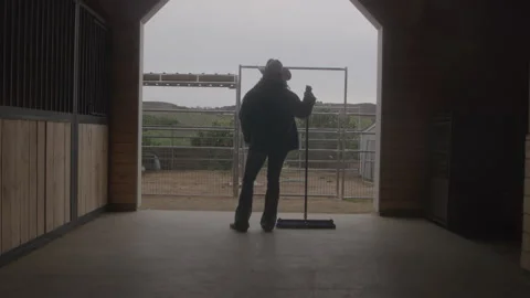 Woman Looking at the View While Sweeping Barn in the Daytime Stock Footage 270323222