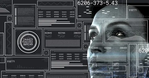 Woman looking up while HUD frames filling, readouts updating, mapping on cheek Stock Footage 329904339
