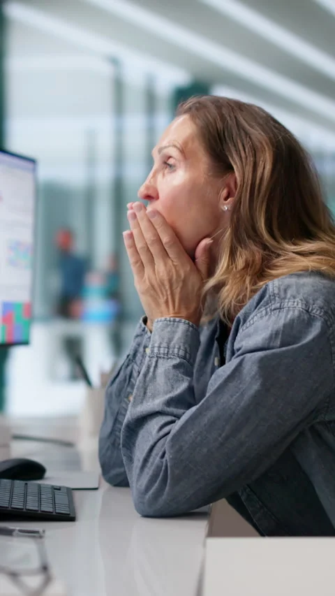 Woman Looks At Computer Screen Feeling Stressed Stock Footage 336794453