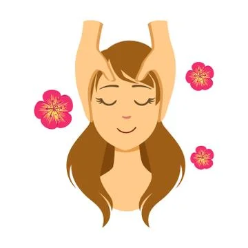 Woman lying on back while massage therapist massaging her face. Colorful cartoon Stock Illustration