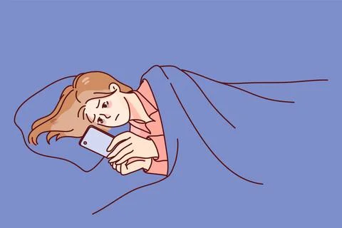 Woman lying in bed at night using cellphone Stock Illustration