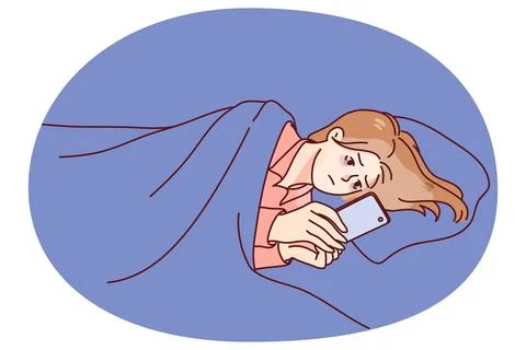 Woman lying in bed at night using cellphone Illustrazione stock