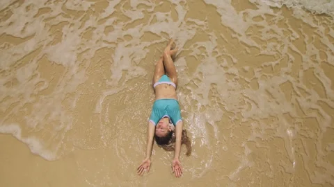 Woman Lying On Shallow Water Sea Happy Stock Video Pond