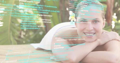 Woman lying on spa table, timer hitting one second launching JS overlay blending Видео 318758678