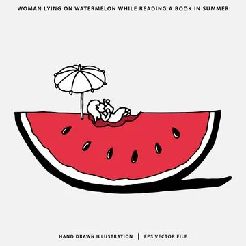 Woman lying on watermelon while reading a book in summer Stock Illustration