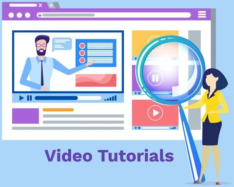 Woman with magnifier looking at video tutorial on screen. Girl watching online Stock Illustration