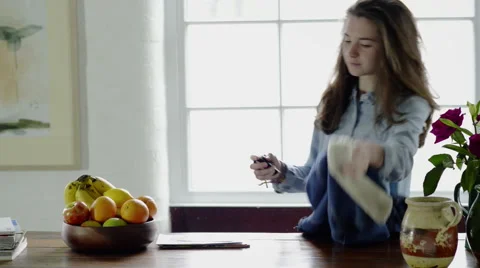 Woman with mail and apple Stock Footage