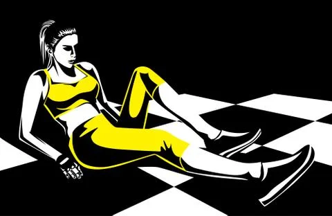 Woman make leg exercise on checkered floor Stock Illustration