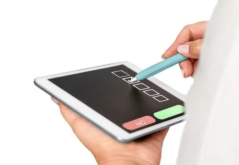 Woman makes a choice on a tablet using a digital pencil isolated Stock Photos