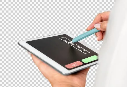 Woman makes a choice on a tablet using a digital pencil isolated Stock Photos