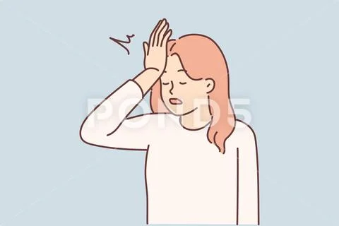 Woman makes gesture with facepalm putting palm to forehead, having learned about Stock Illustration