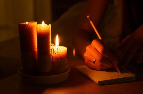 A woman makes notes in a notebook in a dark room with burning candles. Stock Photos