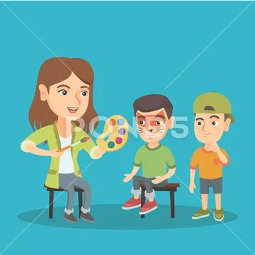 Woman makeup artist painting the face of a boy. Stock Illustration