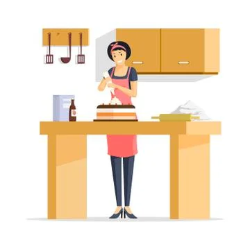 Woman making cake flat vector illustration. Cheerful bakehouse worker in apron Stock Illustration