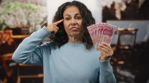 Woman making crazy gesture while holding chinese yuan banknotes at outdoor .. Stock Footage 315541241