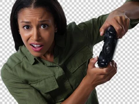 Woman making funny faces while playing video games Illustrazione stock