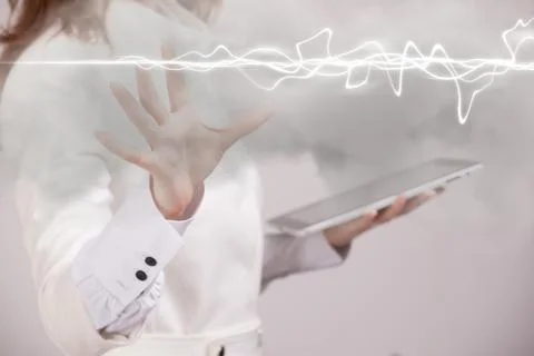Woman making magic effect - flash lightning. The concept of electricity, high Stock Photos