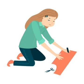 Woman making sewing pattern with scissors vector illustration Stock Illustration