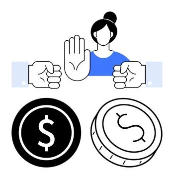 Woman Making Stop Gesture to Avoid Conflict Over Money Symbolized by Dollar.. Stock Illustration