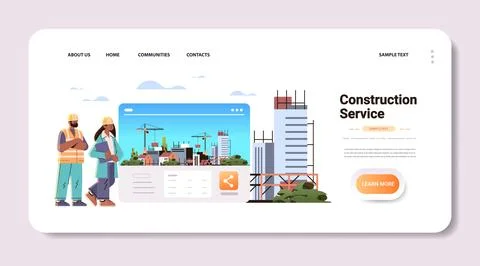 Woman man architects or engineers in uniform standing near unfinished building Stock Illustration