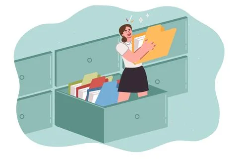Woman manager is looking for documents in large archive, standing in giant 库存插图