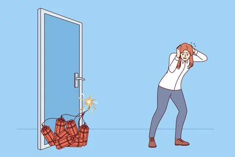 Woman manager sets off explosion to open door, covers ears with hands while Stock Illustration