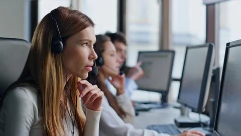 Woman manager thinking solution in data center. Inspired employee working office Stock Photos