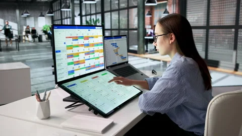 Woman Manages Project Timeline On Computer In Office Stock Footage 334525734