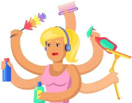 Woman with many hands coping with multitasking. Female character working and Stockillustratie