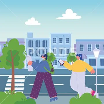 Woman with map and girl with smartphone walking in street cityscape Stock Illustration