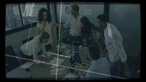 Woman marking document team sharing tablet papers HUD showing TARGETING: ONLINE Stock Footage 332523562