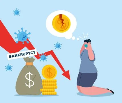 Woman with mask bag decrease arrow and broken coins of bankruptcy vector design Illustrazione stock