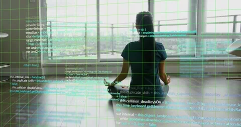 Woman meditating on mat by window, code streams appearing across grid wrapping Stock Footage 318689362
