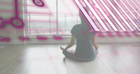 Woman meditating by window while code fragments and graphs drifting in, Stock Footage 318776245