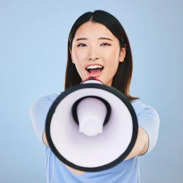 Woman, megaphone and voice for announcement, broadcast or student news and sale Stock Photos