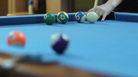 Woman Missing Pool Shot on Blue Billiards Table Video stock 65971129