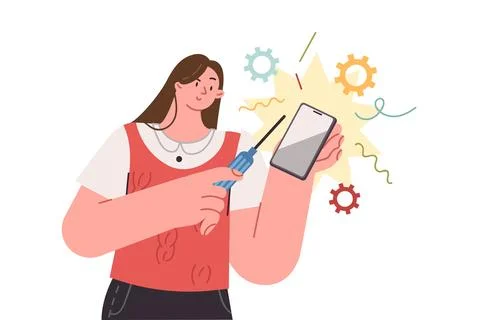 Woman mobile developer is designing new smartphone model, holding screwdriver in 스톡 일러스트