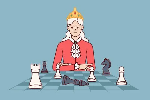 Woman monarch plays chess to develop strategic thinking and awaits opponent move 스톡 일러스트