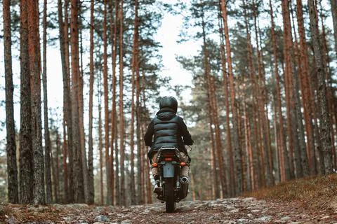 A woman on a motorcycle in nature. motorcyclist walk through the forest Stock Photos