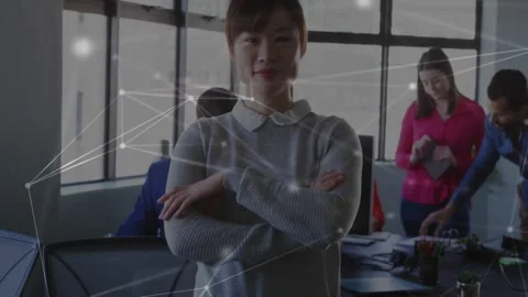 Woman moving, causing camera pulling back and showing team with tablet, network Stock Footage 334315990