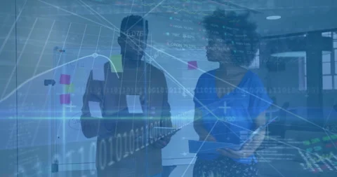 Woman moving pink note causing performance charts and data overlays floating Stock Footage 312757591