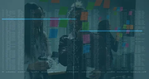 Woman moving sticky note causing code overlay driving business planning as team Stock Footage 313704317