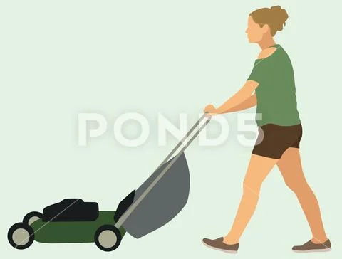Woman Mowing Lawn Stock Illustration