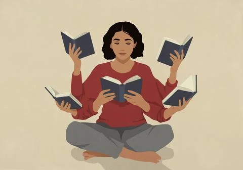 Woman with multiple arms reading five books at the same time - avid reader Stock Illustration