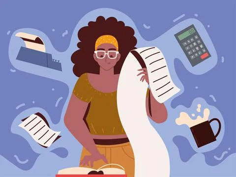 Woman multitask office work Illustrazione stock